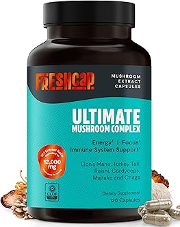 FreshCap Mushrooms Ultimate Mushroom Supplement 12,000mg - Nootropic Mushroom Complex Capsules, Organic Supplement, Brain Supplements for Memory and Focus Ayurveda (120 Capsules)USDA Organic