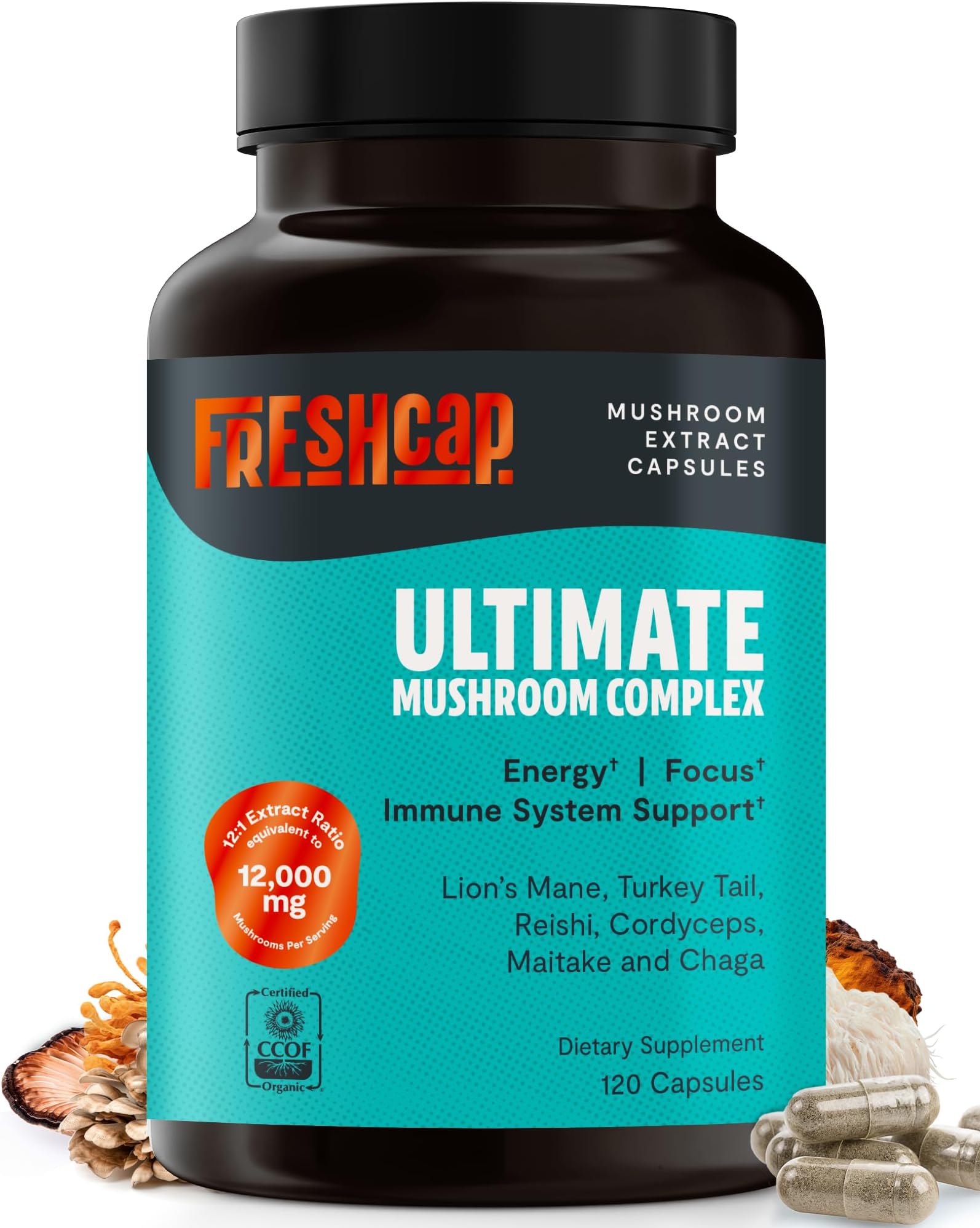 FreshCap Mushrooms Ultimate Mushroom Supplement 12,000mg - Nootropic Mushroom Complex Capsules, Organic Supplement, Brain Supplements for Memory and Focus Ayurveda (120 Capsules)USDA Organic