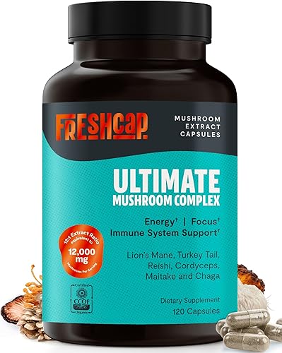 FreshCap Mushrooms Ultimate Mushroom Supplement 12,000 mg - Cápsulas complejas de hongos nootrópicos, suplemento orgánico, suplementos cerebrales
