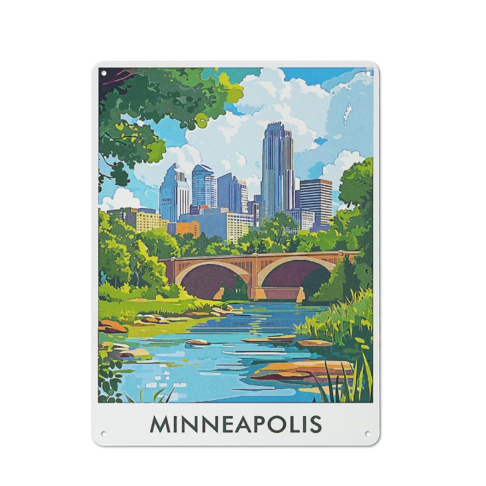 Minneapolis Cityscape Metal Wall Plaque 40x30cm, Character Room Wall Plaque for Hallway, Home Bar, Garage Or Study