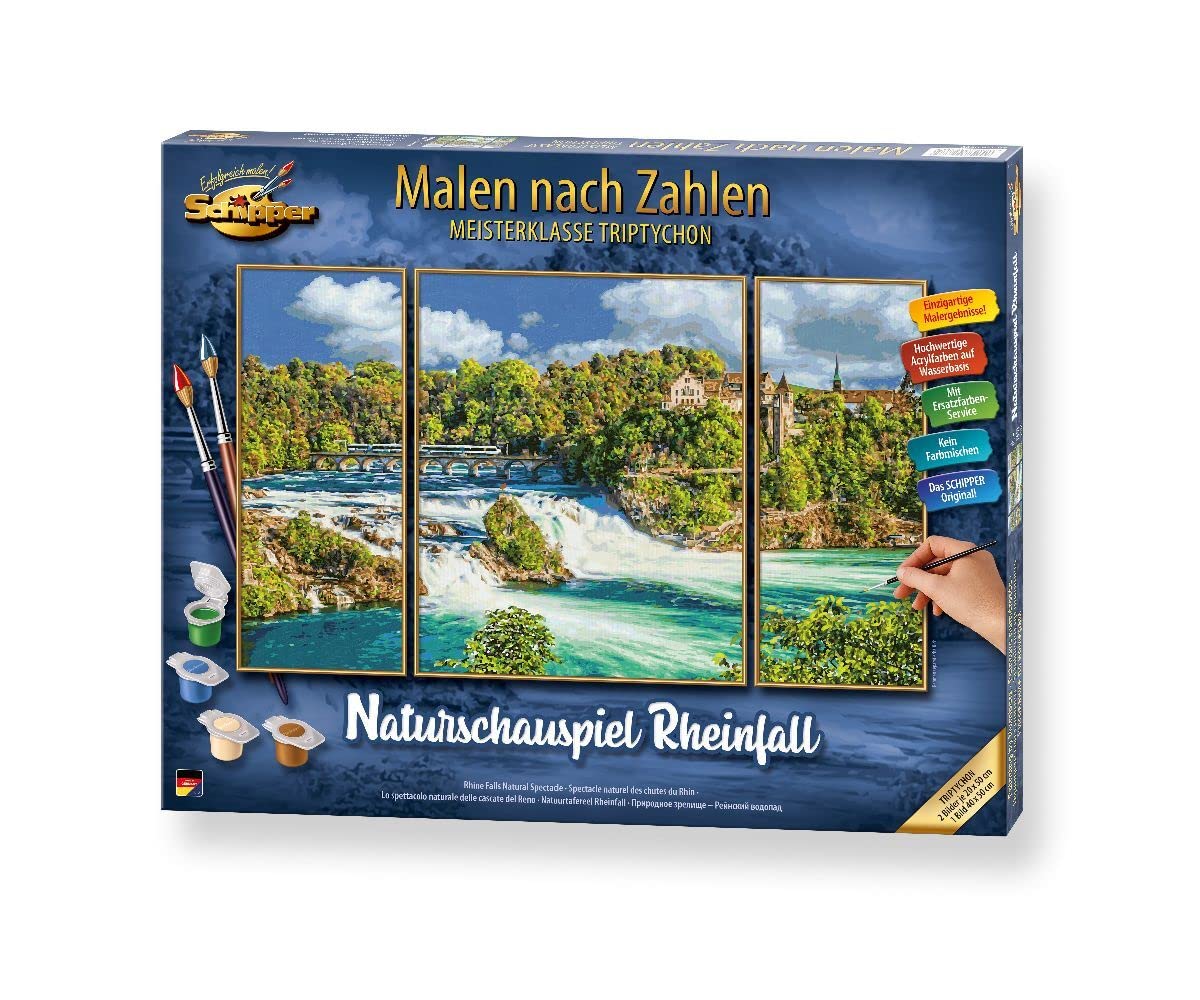 Schipper 609260888 Dipingere con i Numeri, Spettacolo Naturale Rheinfall, Pittura per Adulti, Inclusi pennelli e Colori acrilici, trittico, 50 x 80 cm