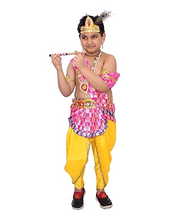 Kaku Fancy Dresses Krishna Costume for Boy/Janmashtami/Bal Gopal Dress/Kanha Costume/Bal Krishna/Mythological Costume for Boy - Yellow-Pink, 1-2 Years