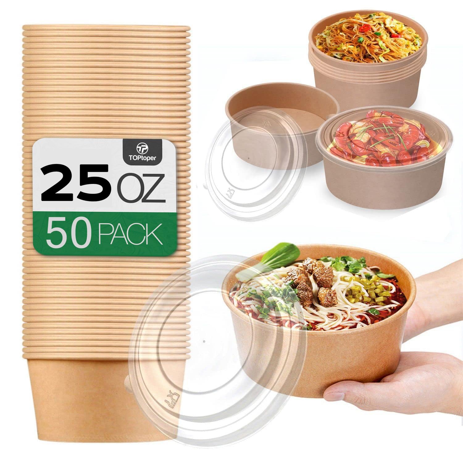 TOPtoper 50 Pack 25 Oz Large Paper Bowls with Lids