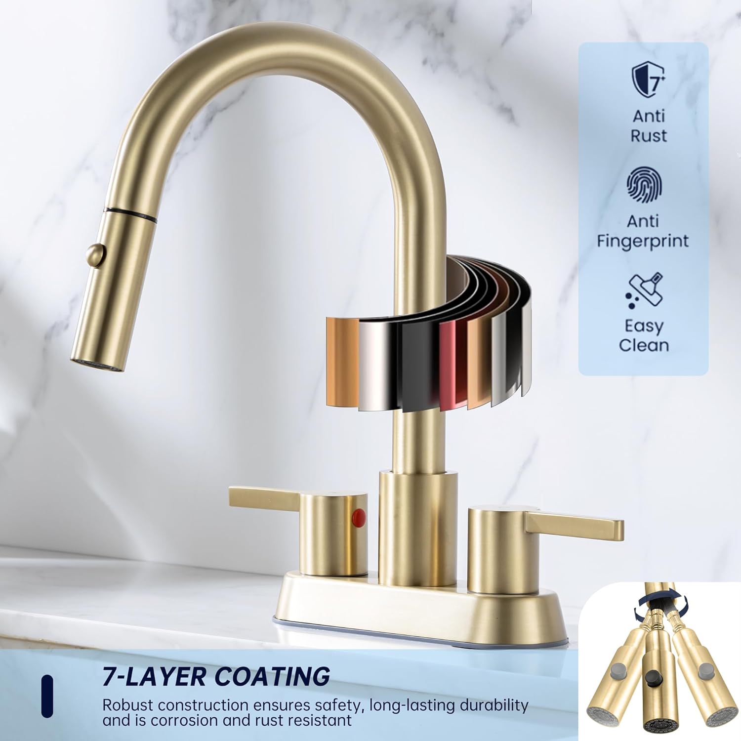 Bathroom Sink Faucet with Pull Out Sprayer 2 Handles, Brushed Gold Pull Down Bathroom Faucets 3 Holes 4 Inch, 360 Degree Swivel Dual Function Spout, Pop Up Drain Assembly Included