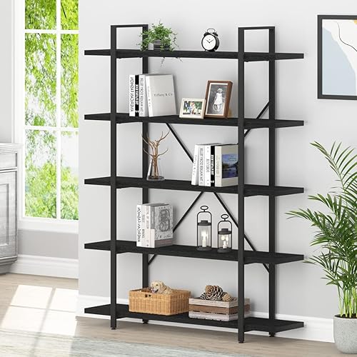 HSH Estantería negra de 5 niveles de alto, estante de almacenamiento de madera y metal, estantería industrial moderna Etagere de 5 estantes, estante
