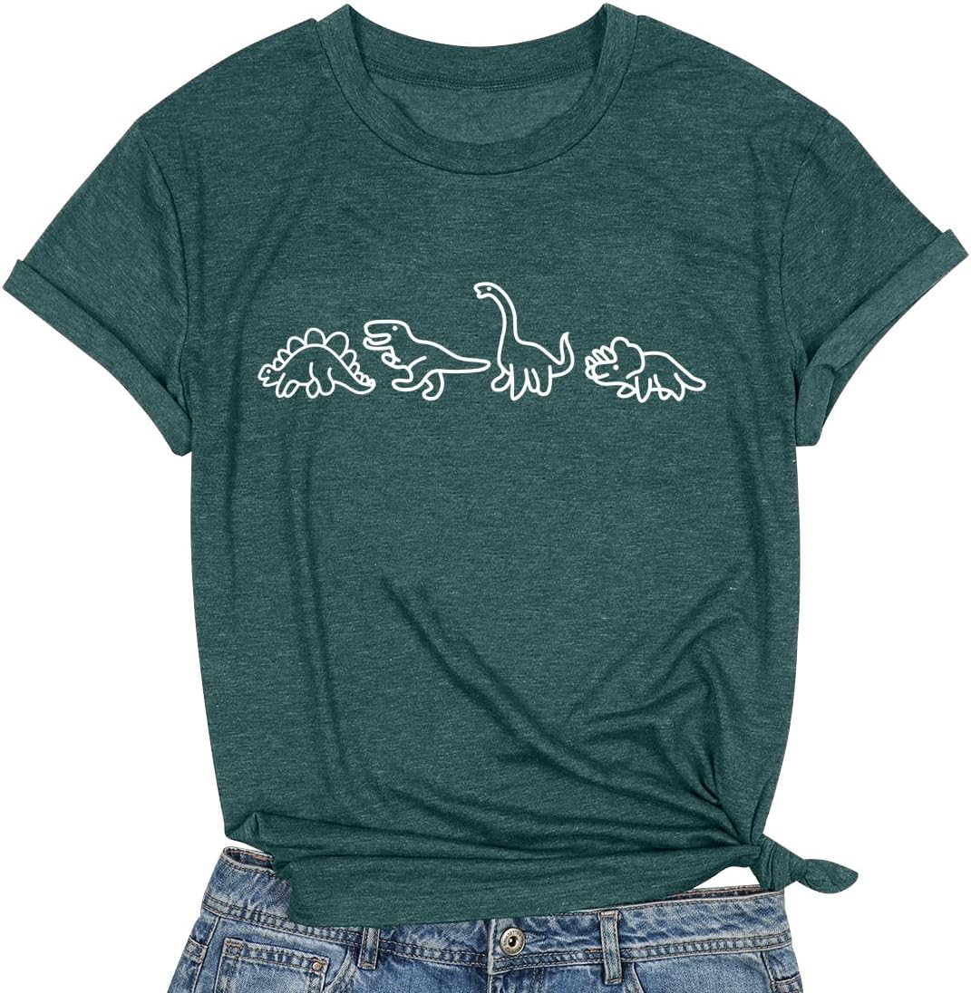 Women Cute Dinosaurs Graphic Tees Girls Short Sleeve Casual Crew Neck Tshirt Tops - Image 3