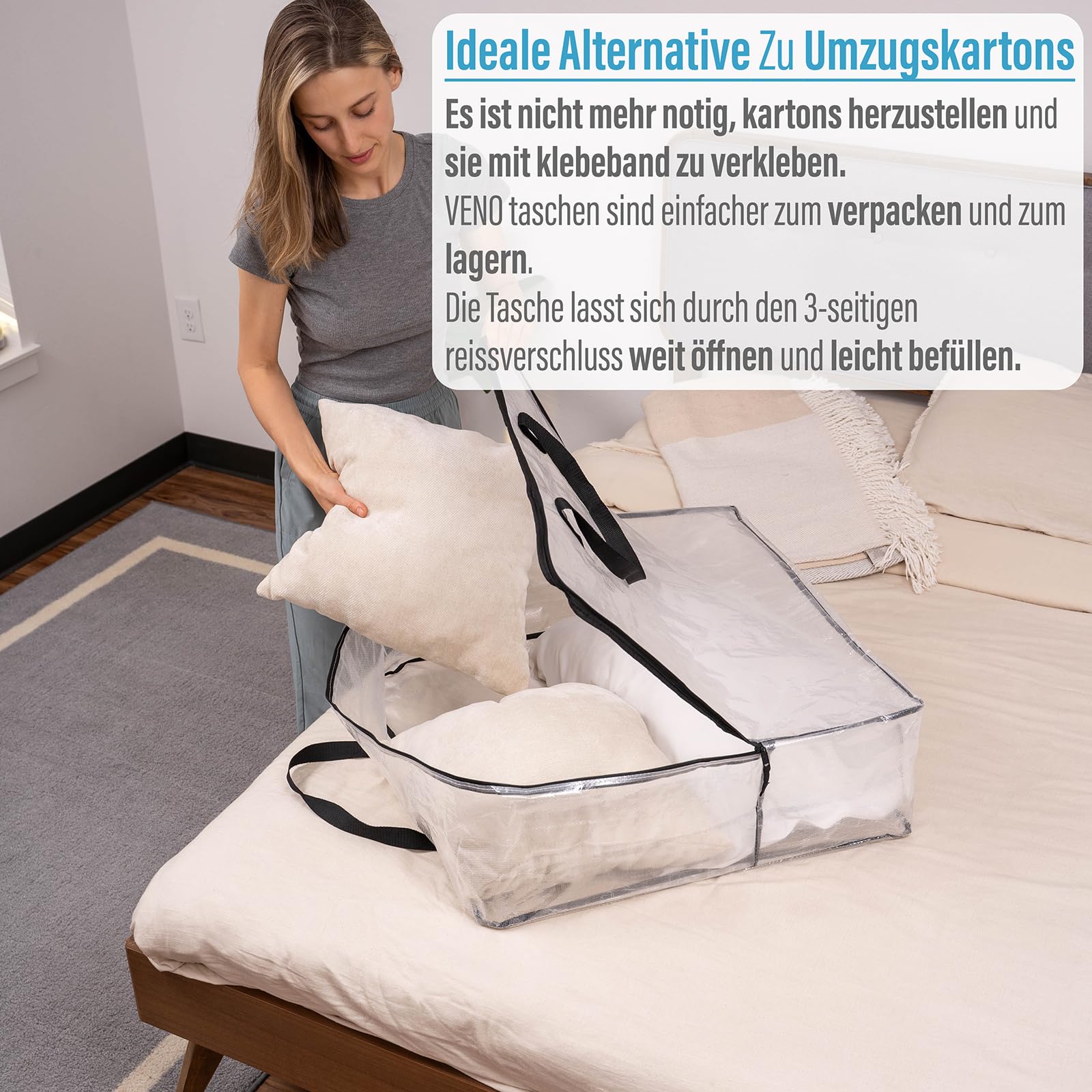 VENO 95 Liter Unterbett Aufbewahrungsbox Mit Griffe Und Reißverschlüssen Aufbewahrungstasche, Klapprad Tasche, Kleideraufbewahrung, Umzugstaschen Tragfähigkeit von 22,7 kg (4er-Pack)