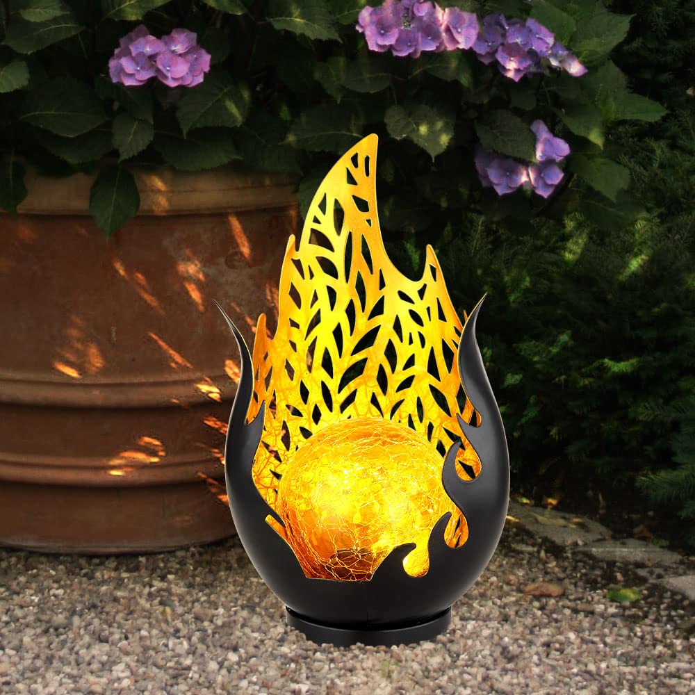 Gartendeko Solarlampen für Außen Outdoor Balkon Deko schwarz gold Flammenoptik Glaskugel, IP44 Akku Metall, 1x LED, LxBxH 16,5x12,5x26,5 cm, 2er Set