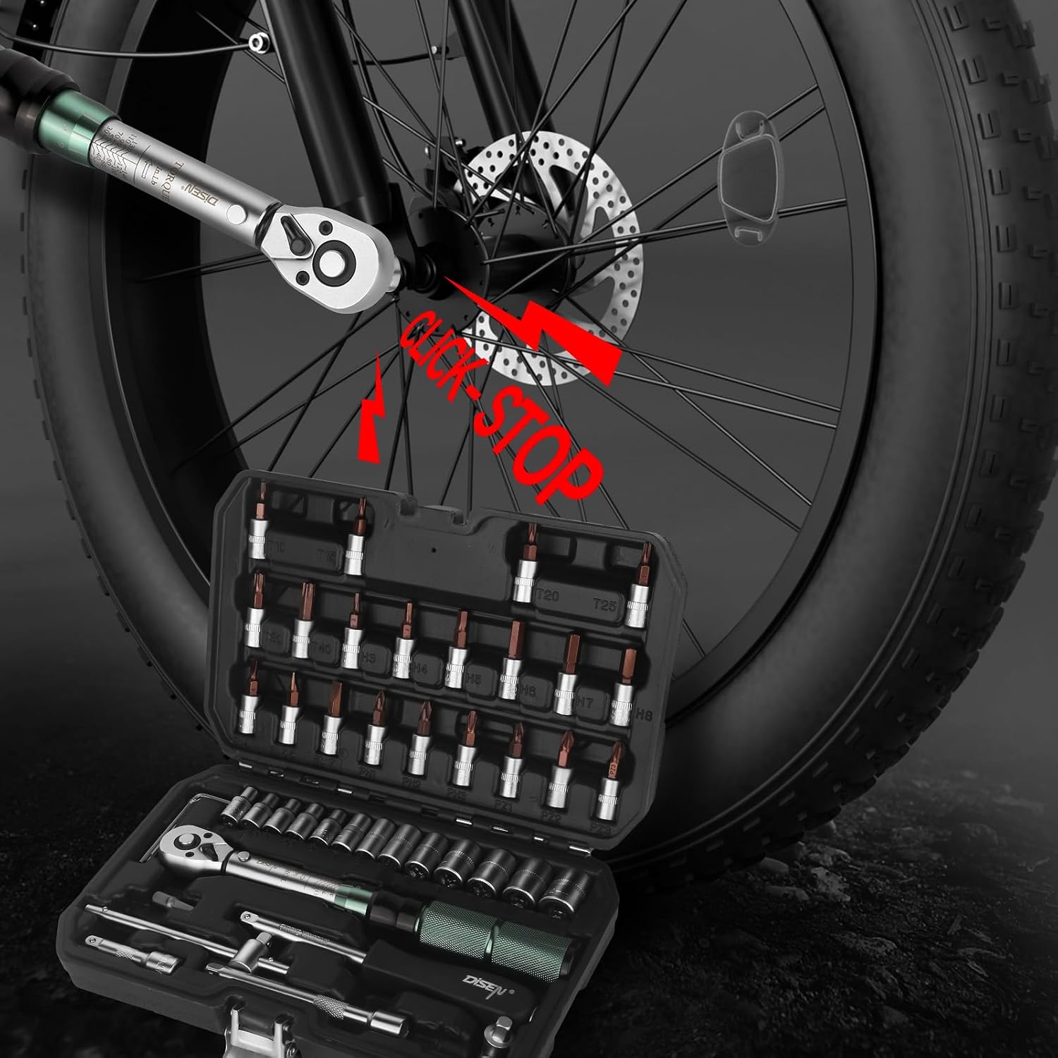 DISEN 44PCS 1/4" Drive 20-140 In.lb Bike Torque Wrench with Bit Sockets Set, 72-Tooth Precision Ratchet Dual Scale Click Type Torque Wrench for MTB