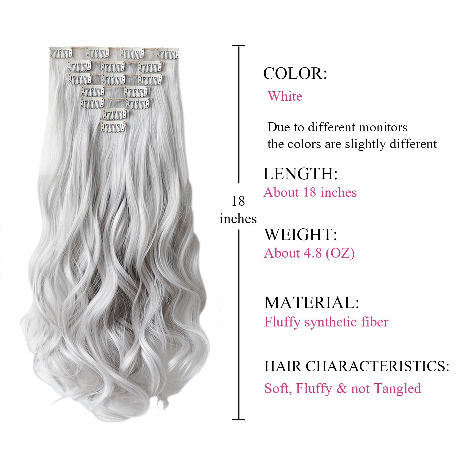 White Silver Full Head Clip in Extension White Icy Silver Strip Clip-in Extension 100% Human Hair  main image 3