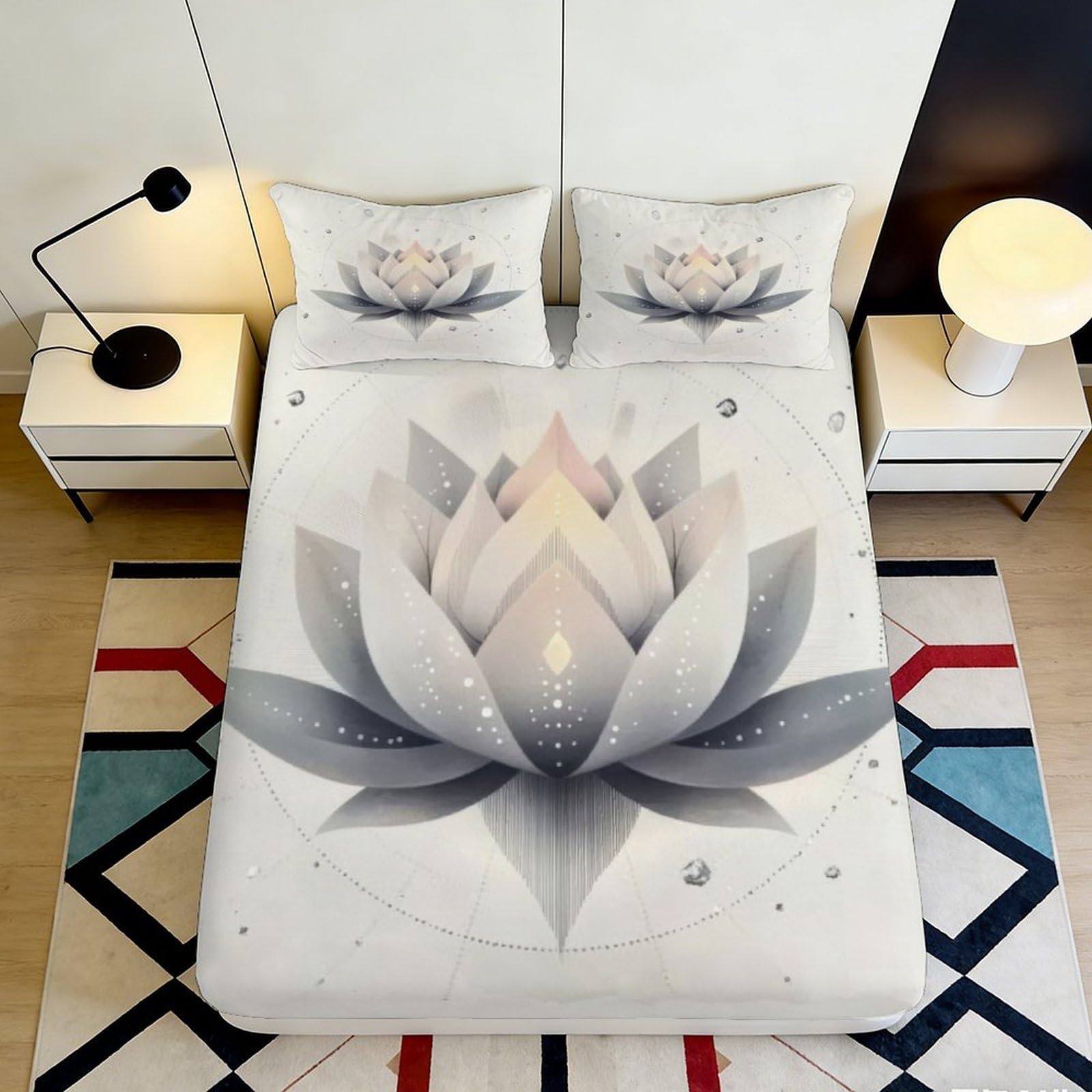 Pnayamiorkfel Style-8 3D Printed Lotus Flower Fitted Sheet Microfiber Soft Grey Mandala Bed Cover For Bedroom Guest Room Decor Protection 90X200x25cm