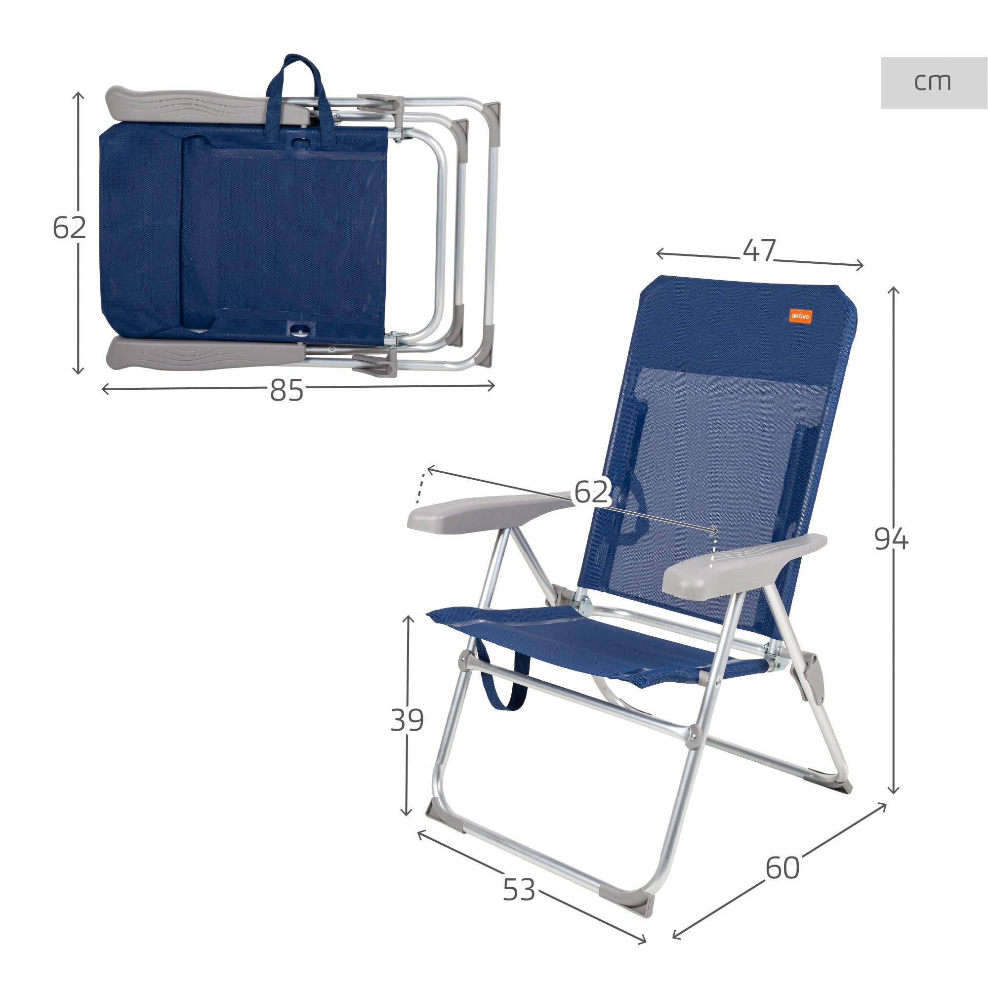 AKTIVE 62661 - Silla de Playa Plegado Slim, reclinable 6 Posiciones antivuelco Azul Marino, Medidas 47x60x94cm, Material: Aluminio, Resistente, Peso máximo soportado 110 kg