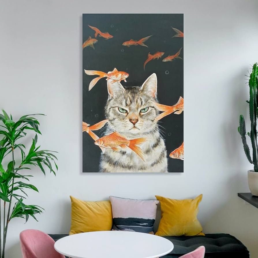 猫の絵画　油絵　金魚　眼鏡　額付き　原画　アート　インテリア 絵画 人気の絵『金魚 眼鏡』猫 壁掛け インテリア アート 油絵
