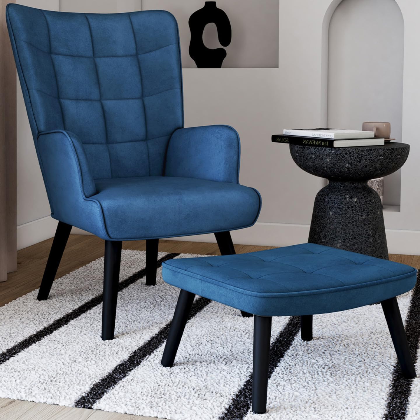 IDMarket - Sillón escandinavo ANIA con reposapiés de terciopelo azul
