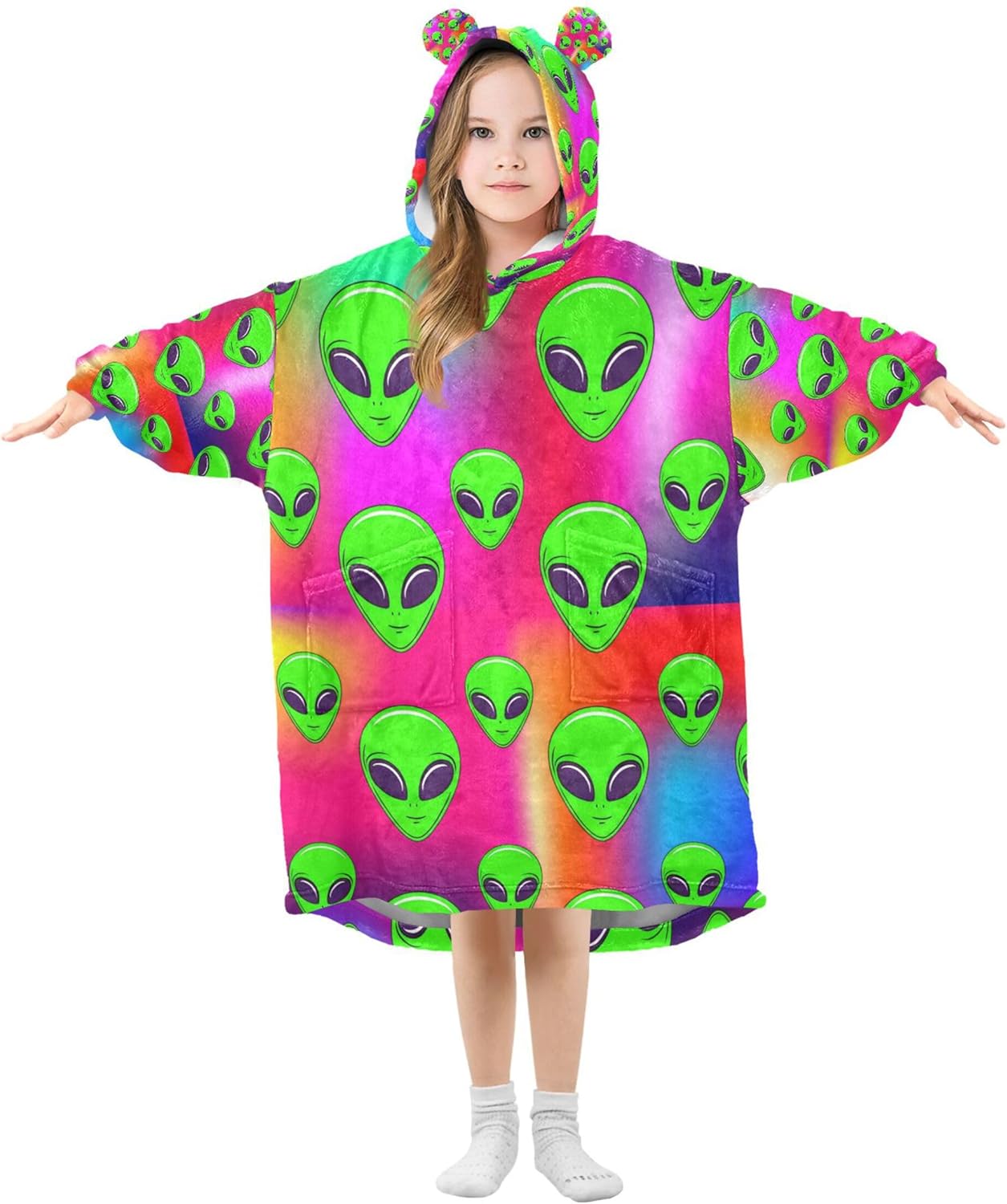 Cute Alien Ufo Kids Wearable Blanket Hoodie with Pocket and Sleeves for Toddlers, Cute Hoodies Girls Boys B0404010