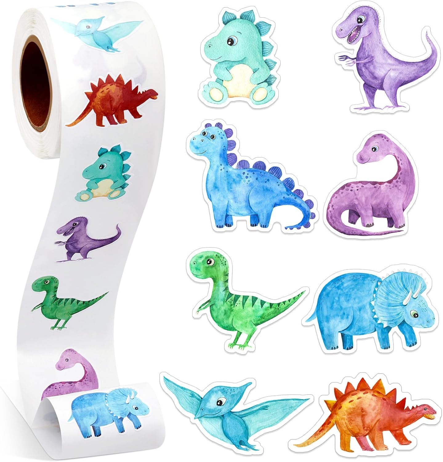 500PCS Dinosaur Stickers Roll - 1" Self-Adhesive Reward Dinosaur Labels 8 Patterns Cute Cartoon Animal Decals for Kids Children Incentives Scrapbook Envelope Seals Party Favor DIY Craft โ image 1