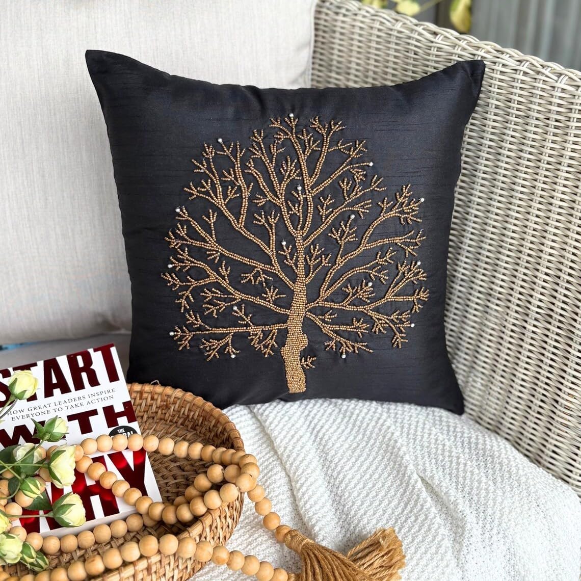 The HomeCentric Pillow Covers, Black Pillowcase with Zipper 16x16 inch (40x40 cm) Silk Throw Pillow Covers, Nature & Floral, Tree, Beaded, Contemporary Decorative Pillow Covers - Celebrated Tree