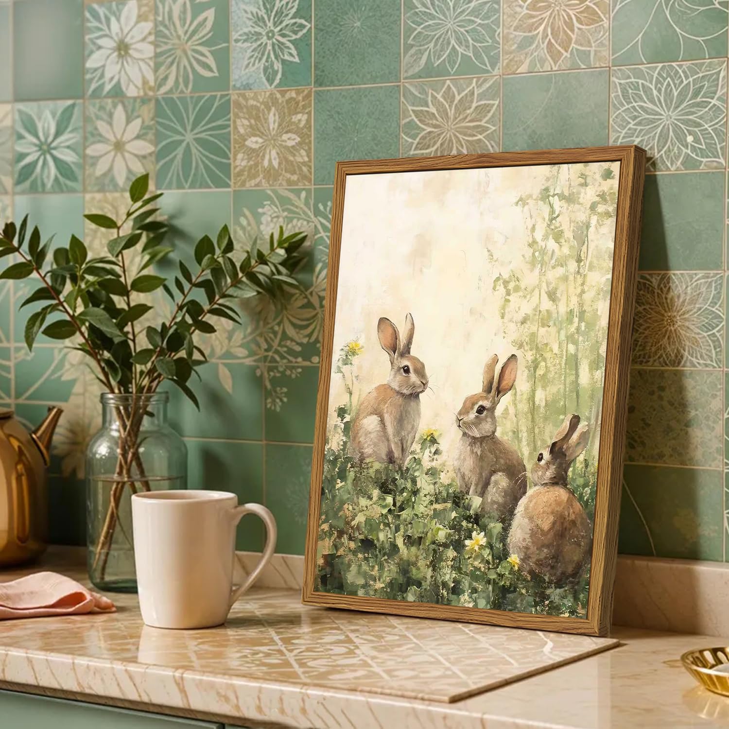 Framed Vintage Rabbit Wall Art, Cute Easter Bunny Pictures Wall Decor, Cottagecore Farmhouse Animal Paintings Canvas Prints Spring Rustic Home Decor for Living Room Nursery Bedroom 16x24 inch