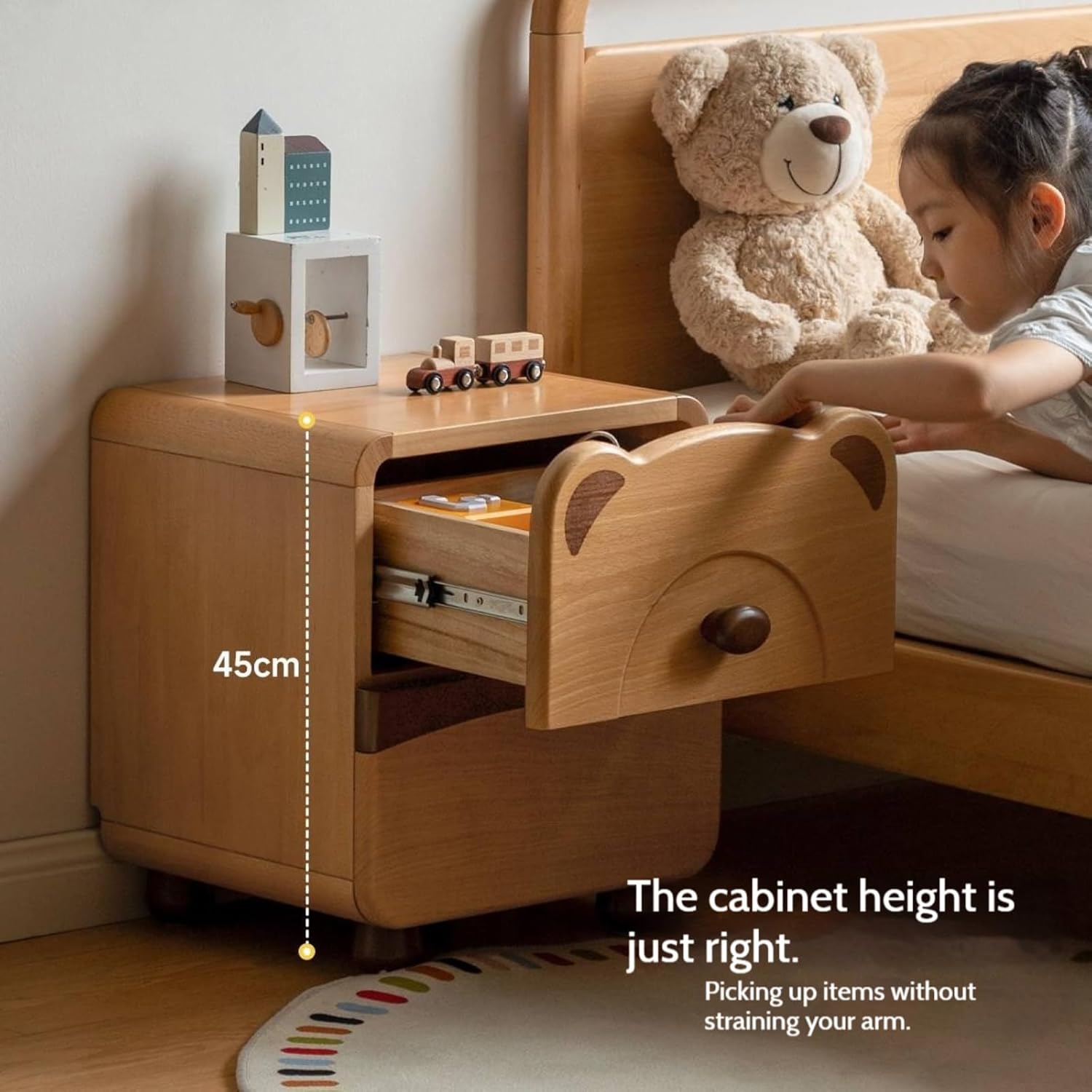 GVAwood Beech Solid Wood Children s Cartoon Bear Nightstand 15.7x13.8x18.5 inch / 40x35x47 cm/Natural Wood Color/Nightstand