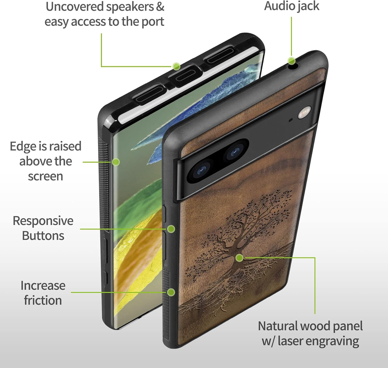 Carveit Wood Case for Pixel 8 Case [Natural Wood & Black Soft TPU] Shockproof Protective Unique Wooden Cover Compatible with Google Pixel 8 (Tree with Roots-Walnut)