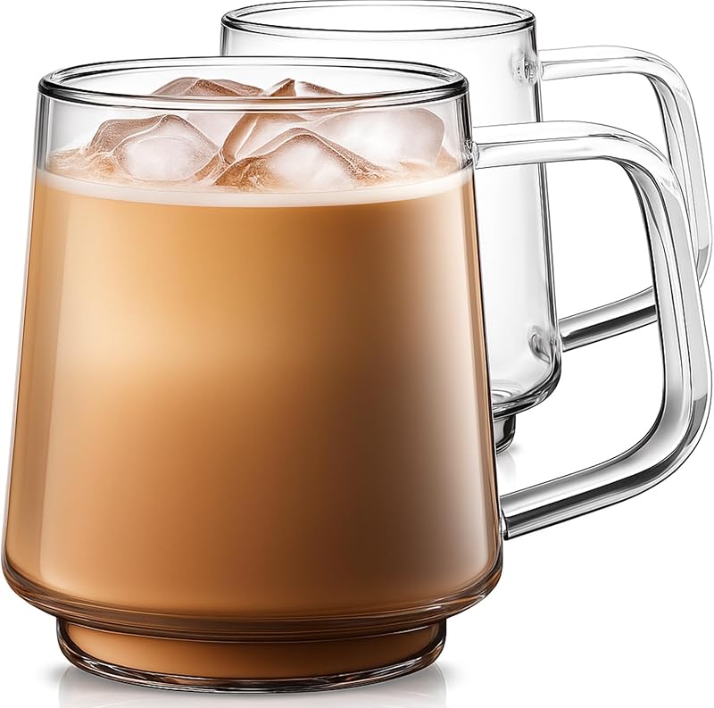 Aquach 20oz Stackable Glass Mugs Set of 2, Large Clear Coffee Tea Cups | Dishwasher/Microwave Safe, Borosilicate Glass, Comfort Handle, Smooth Rim, Stackable, Large Capacity