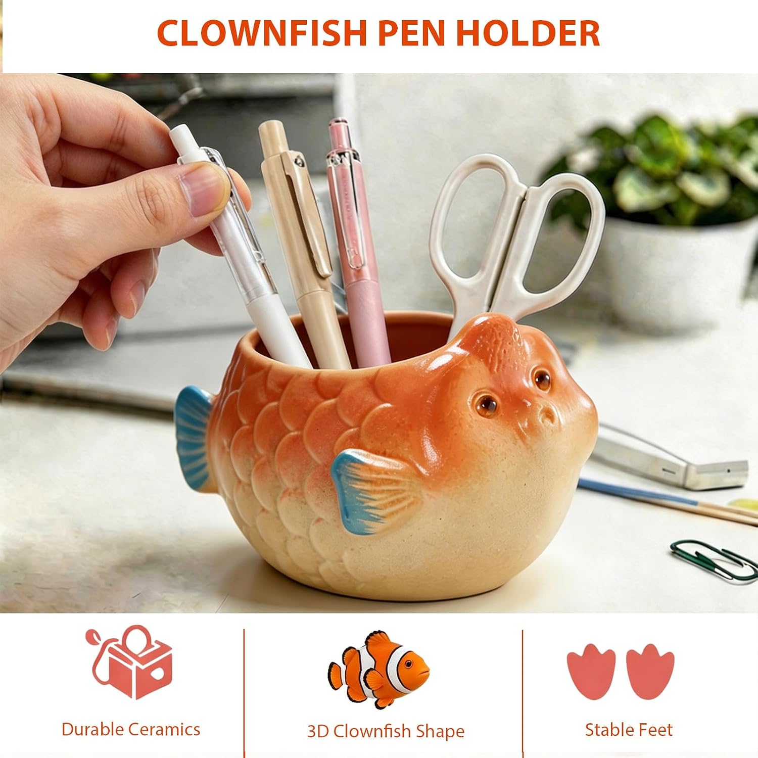 Ceramic Fish Shaped Pen Pencil Holder for Desk Decoration Accessories Fish Decor Makeup Brush Pen Cups Office School Ideal Gifts for Women, Mom or Birthdays image 4