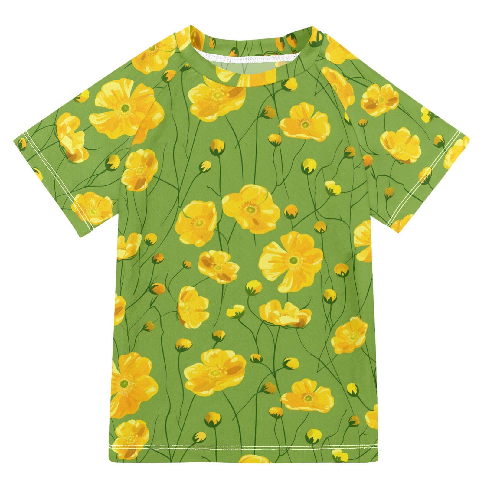 ALAZA Boys Swim Shirt Short Sleeve Rash Guard for Boys Girls UPF 50+ Yellow Buttercups Green 9-10T