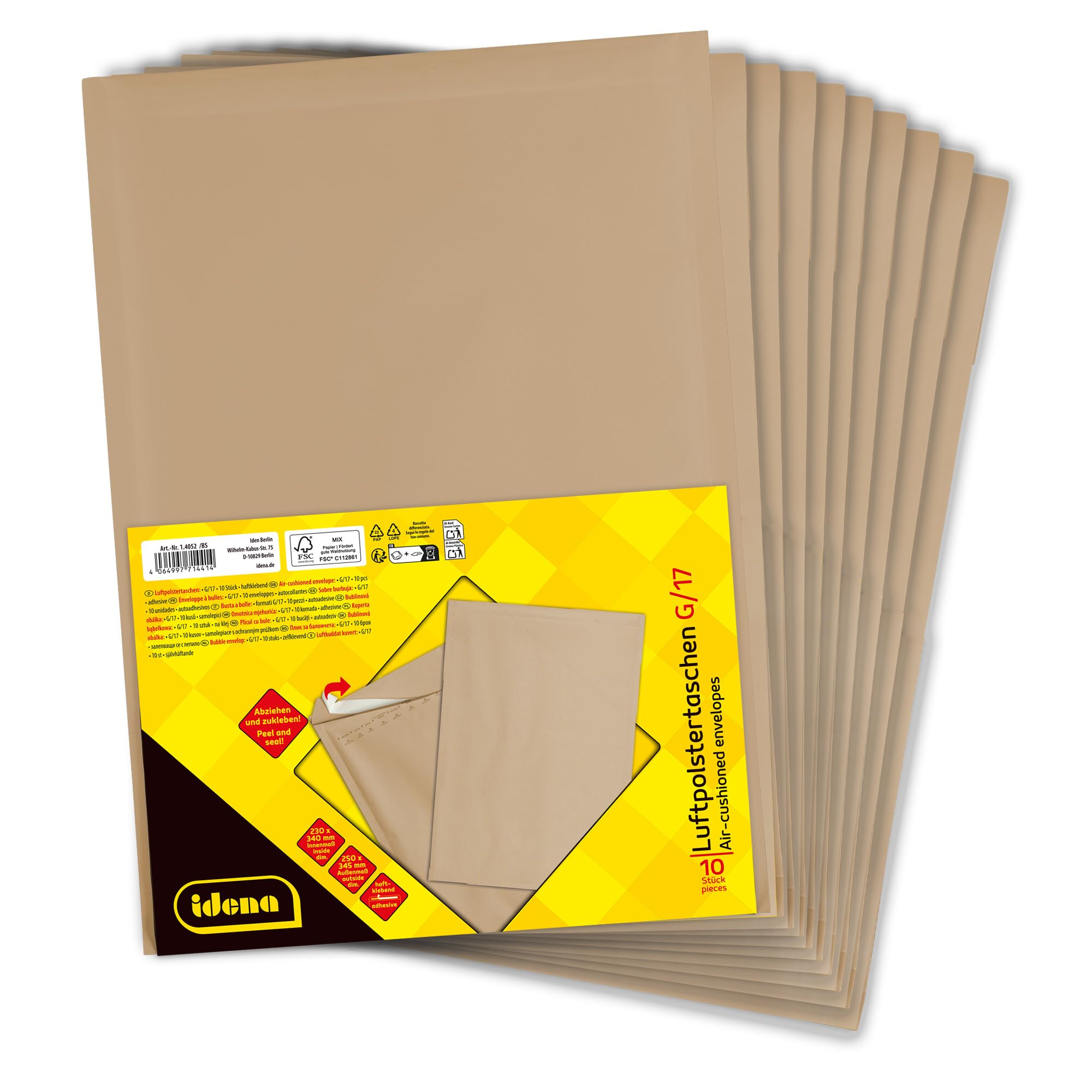 Idena 90579 - Enveloppes matelassées G/17, 100 pièces de 25 x 34,5 cm, enveloppes d'expédition autocollantes, enveloppes matelassées en papier FSC-Mix, couleur marron