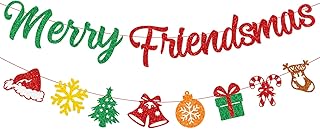 PTFNY Merry Friendsmas Banner Christmas Banner with Glittery Snowflake Hat Stockings Signs Friendsmas Decor Friends Themed Christmas Party Decorations for Wall Fireplace Party Decor Supplies