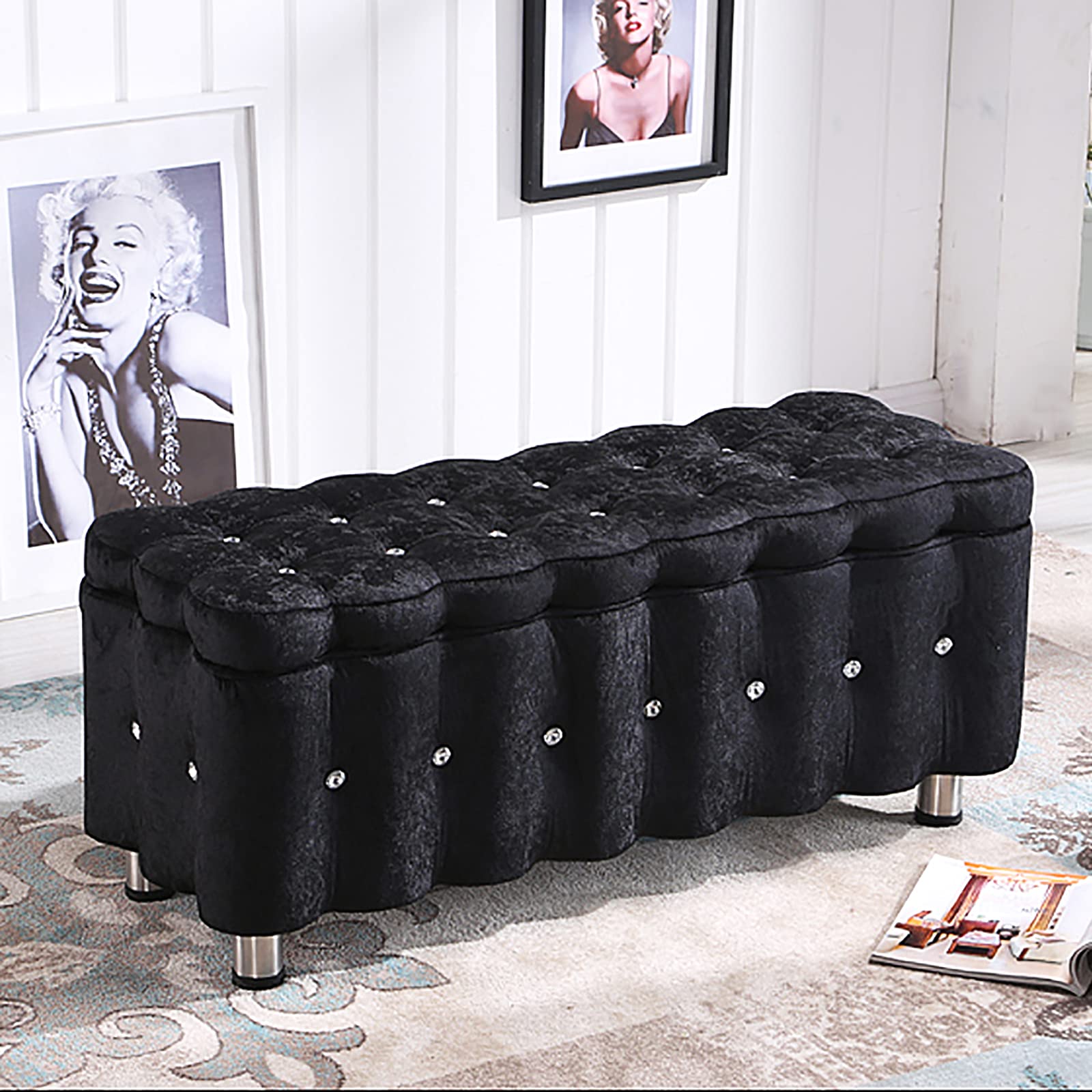 WJFTODAY Luxury Velvet Tufted Shoe Bench Ottoman with Crystal Buttons Stylish Storage Seat & Comfy Footrest for Living Room & Bedroom Black 24x16x16in (60x40x40cm)