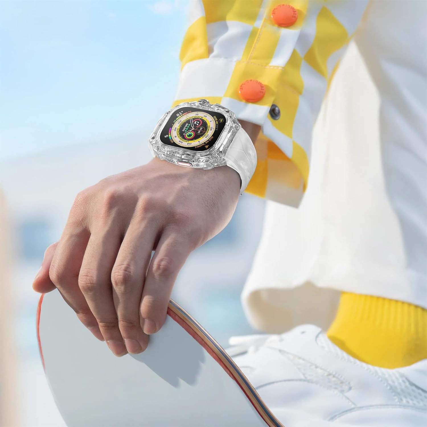 VeveXiao Transparent Designer Rugged Case with Band Compatible with Apple Watch Ultra 2 49mm 45mm 44mm bands,Luxury Crystal Clear Military Protective Cover Bumper Tactical for iWatch Ultra Series 9 8 7 6 5 4 SE Men Women Strap