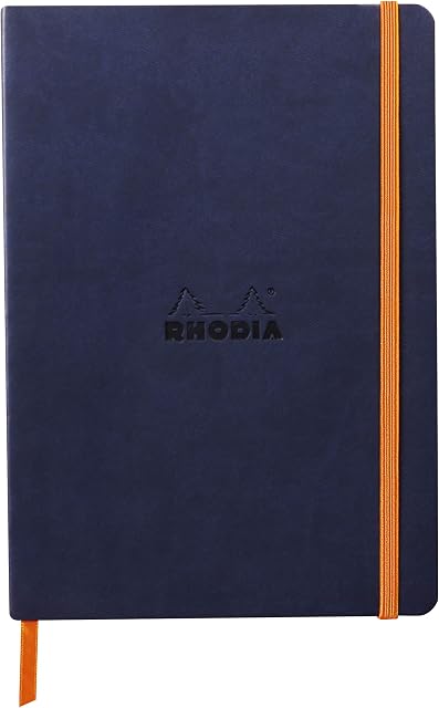 RHODIA 117444C - Midnight Blue Flexible Notebook - A5 - Dotted Dot - 160 pages - Clairefontaine Ivory Paper 90 g/m - Bookmark, Elastic Closure - Faux Leather Cover - Rhodiarama Collection