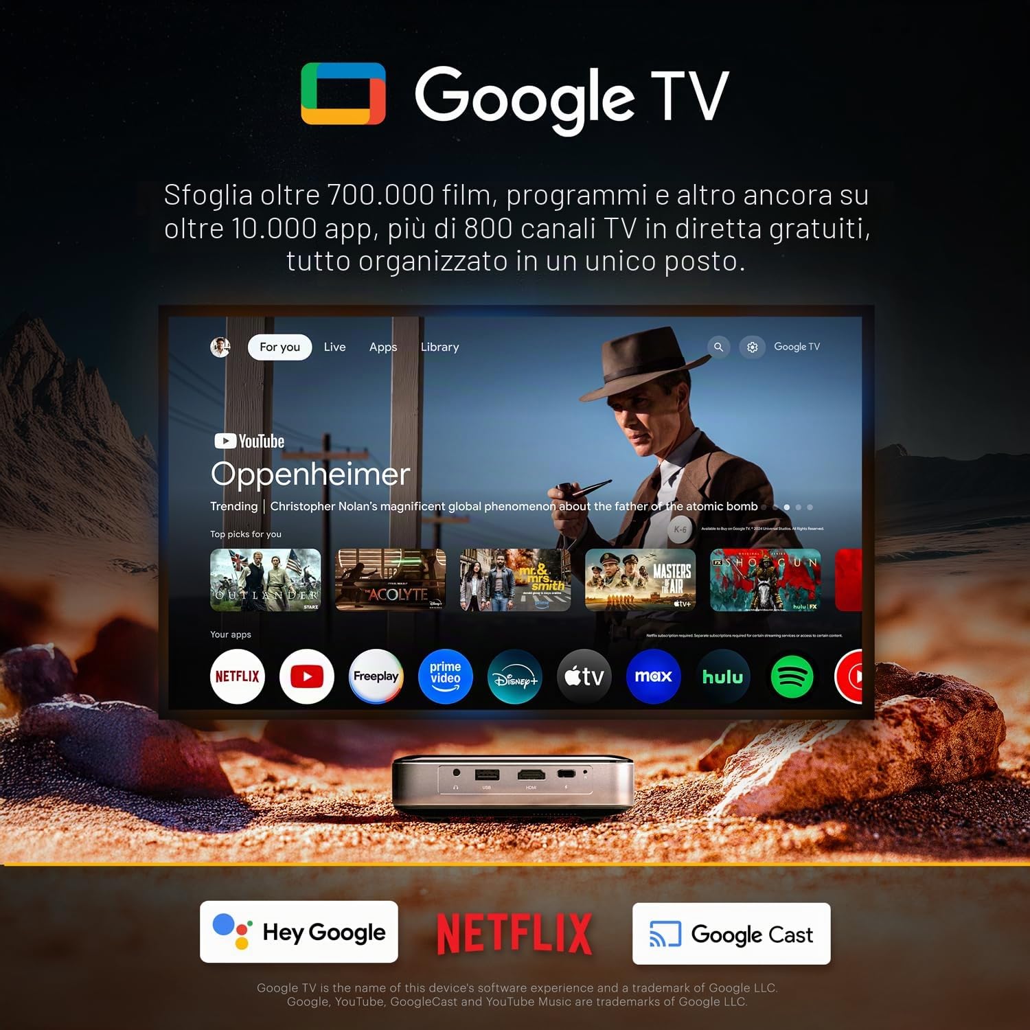 Kodak Luma 500 Mini proiettore | 1080p Full HD Proiettore portatile per esterni con Wi-Fi, Bluetooth, HDMI e USB | Google TV 11.0 OS, certificato Netflix, Chromecast integrato, 150 lumen, display da