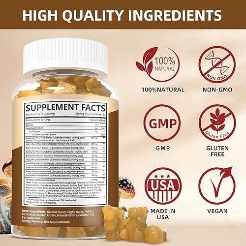 Miniatura 2 de Gomitas de hongos con melena de león y cordyceps - Apoyo inmunológico, salud cerebral y mejora de la memoria - Complejo de hongos veganos con