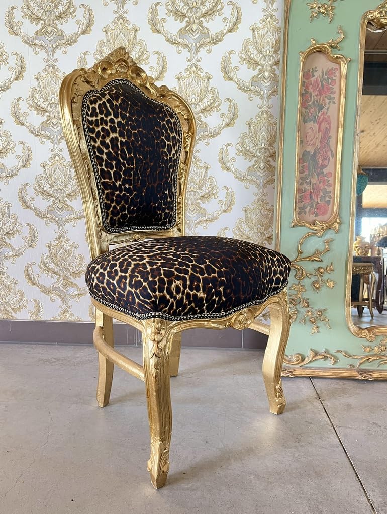 CasAmin Chaise d'appoint en style baroque Louis XVI motif léopard et doré pour décoration salle à manger