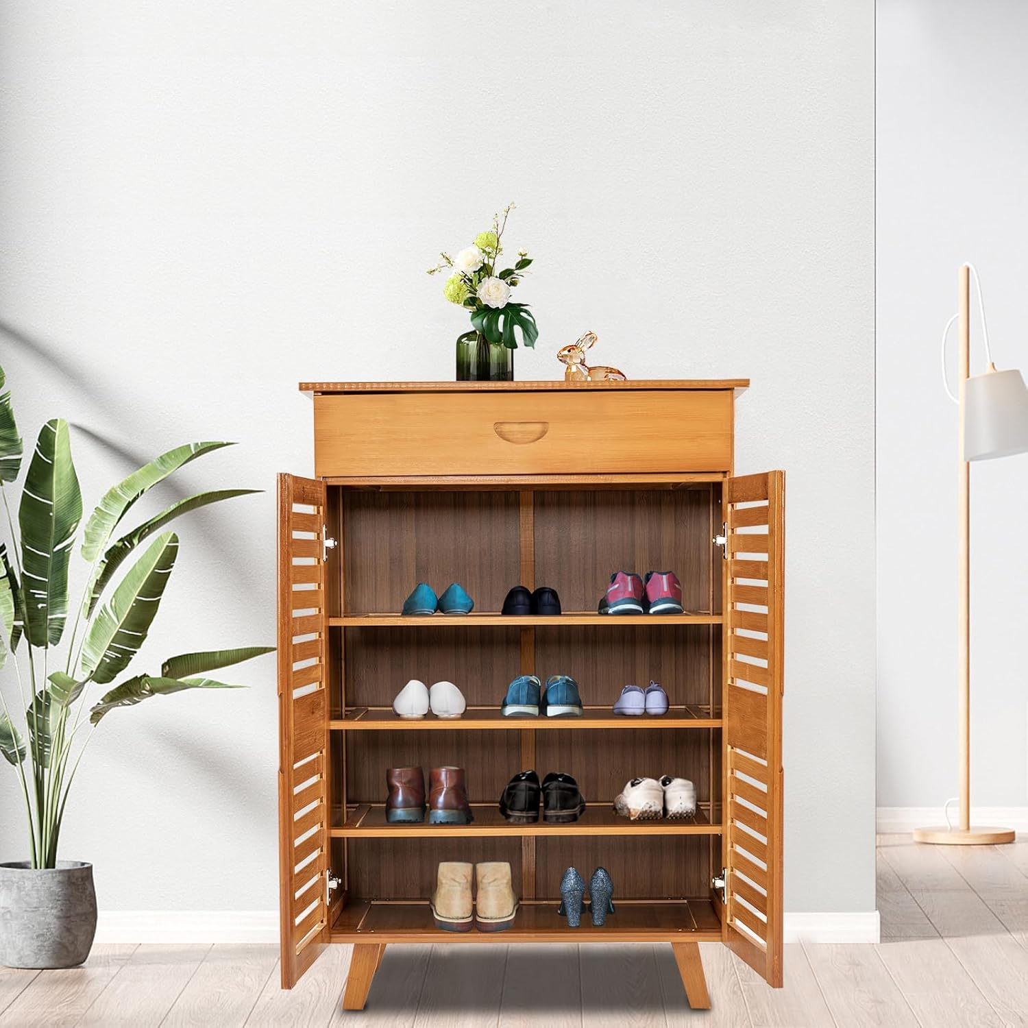 Bamboo Shoe Rack 4-Tier Brown Retro Simple Style Shoe Shelf Book Case Shoecase Bookcase Storage Cabinet with Drawer for Home Living Room Bedroom