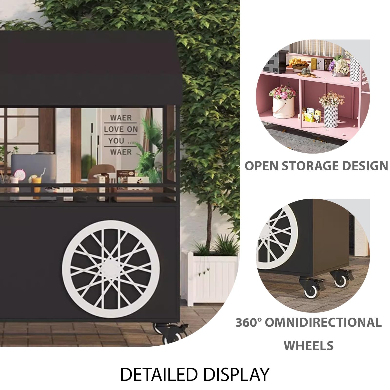 Móvil de Venta Ambulante de Comida,Genérico Puesto de Mercado con toldo,Exquisita construcción en Hierro Forjado, Gran Capacidad de Carga,para Tiendas minoristas en Calles.(Nero,120 * 60 * 190cm)