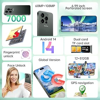 WWT I16 PM 12+512GB Smartphone Unlocked Cell Phone,6.99 HD Screen Android 14 Battery 7000mAh Unlocked Phone,Face ID/Fingerprint Button Unlock/Photos/Dual SIM/5G/GPS (Deep Green, 12+512GB)