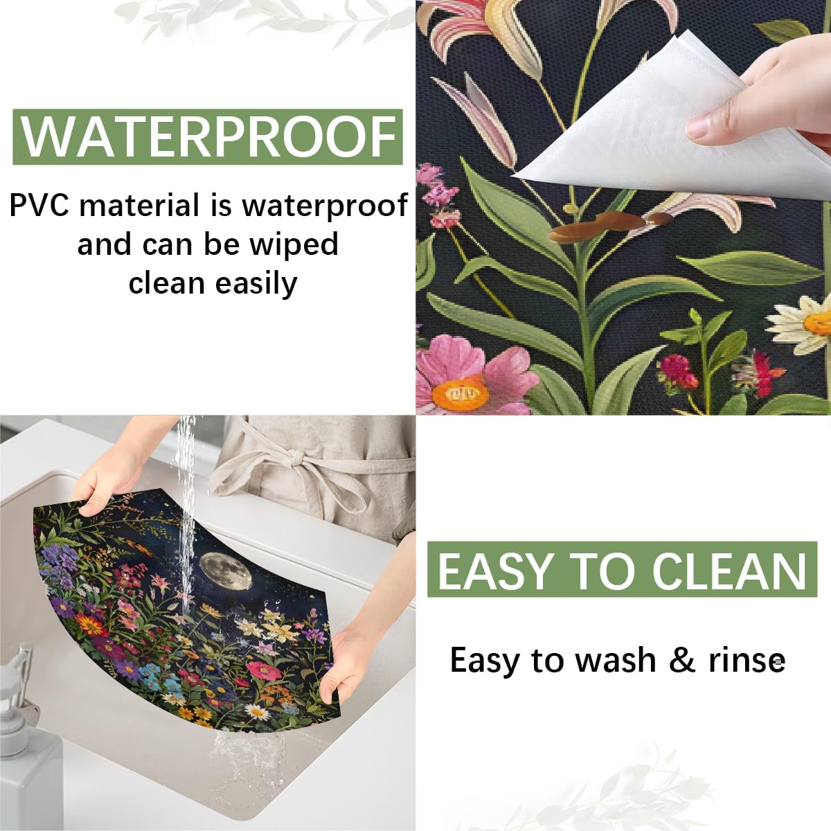 Wedge Placemats Set of 6 PVC Flower Garden Moon Wedge Table Placemats and 1 Round Plates Mat Non-Slip Heat Resistant Washable Table Mats for Kitchen Dining Table Party Patio Decor