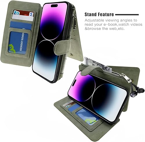 Miniatura 4 de MODOS LOGICOS Funda compatible con iPhone 15 Plus de 6.7 pulgadas, cartera desmontable, almacenamiento en efectivo con cremallera, hasta 14 ranuras