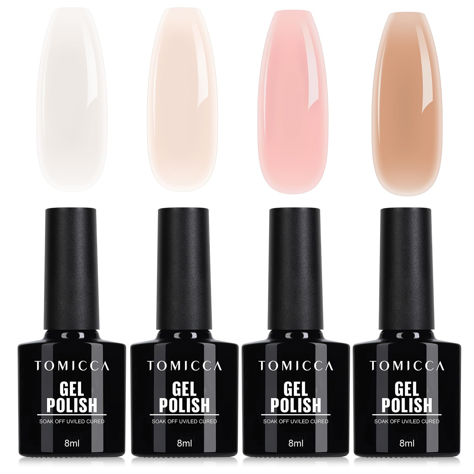 TOMICCA Jelly Gel Nail Polish Set - 4pcs Neutral Nude Pink Crystal French Nail Gel, Soak Off UV LED Long Lasting Gel Nail Polish for Women Girls Nail Art Design DIY Manicure Kit 8 ML