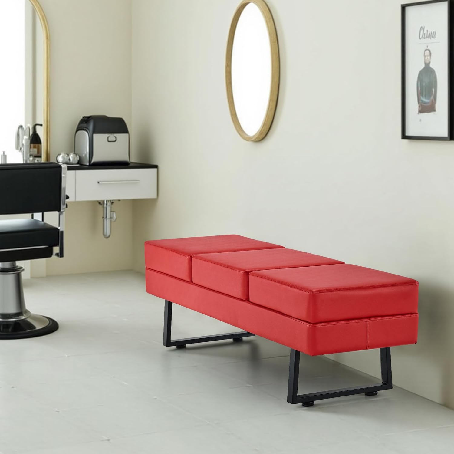 BarberPub Waiting Room Chairs, Heavy Duty Office Guest Reception Bench, Faux Leather Upholstered Lobby Chairs for Salon, Conference Room 7008 (Red)