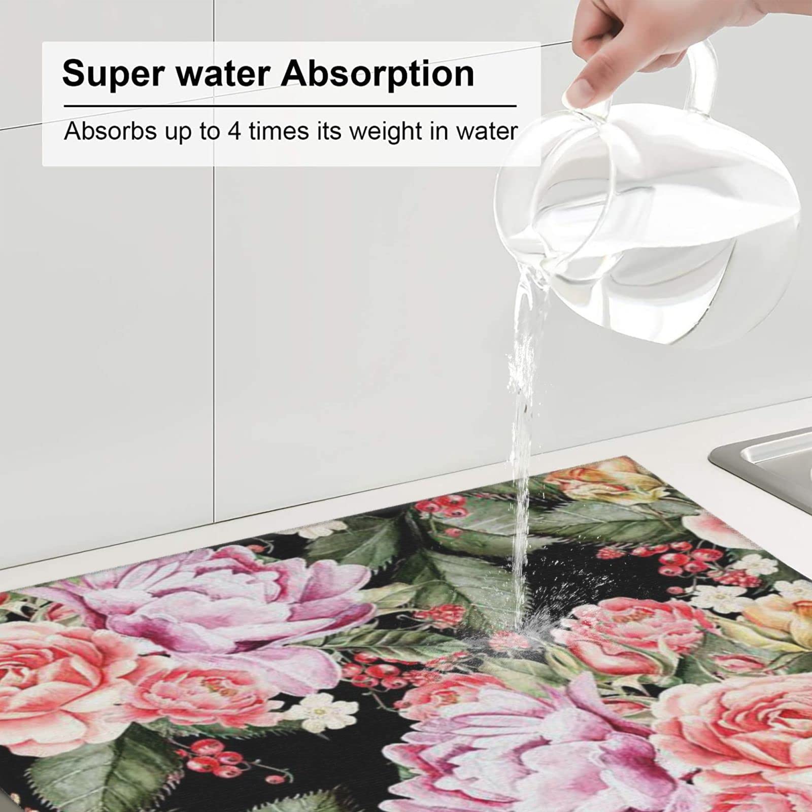 ButxeT Tapis De Séchage à Vaisselle Fleurs De Pivoine Coussin De Séchage Imprimé Rose Pour Comptoir De Cuisine Tapis égouttoir Tapis Absorbant En Microfibre-16 X 18
