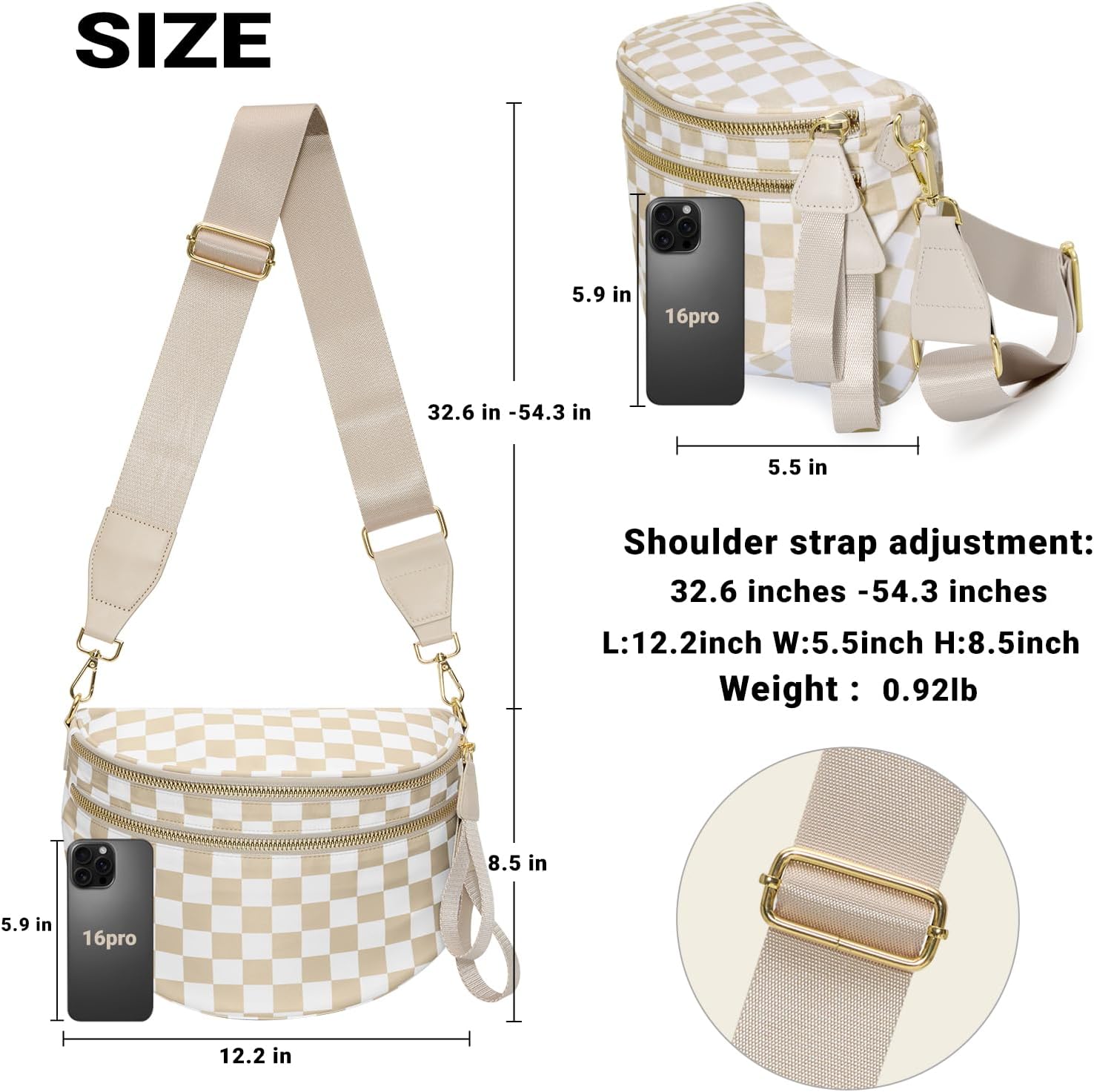 Bum Bag Crossbody Bags for Women Travel Checkered Crossbody Bag - Image 3