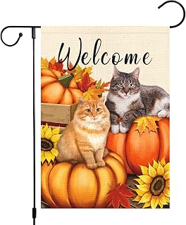 Louise Maelys Welcome Fall Garden Flag Cat Animal Decorations Pumpkin Sunflower Garden Flags 12x18 Inch Double Sided Burlap Welcome Autumn Yard Flag for Indoor & Outdoor Autumn Festival Thanksgiving Day Decoration (ONLY FLAG)