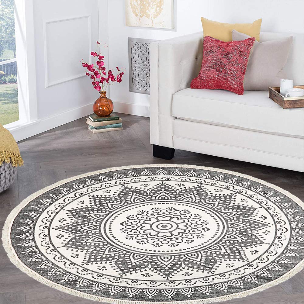 HEBE 6 Ft Large Cotton Round Area Rugs Machine Washable Chic Bohemian