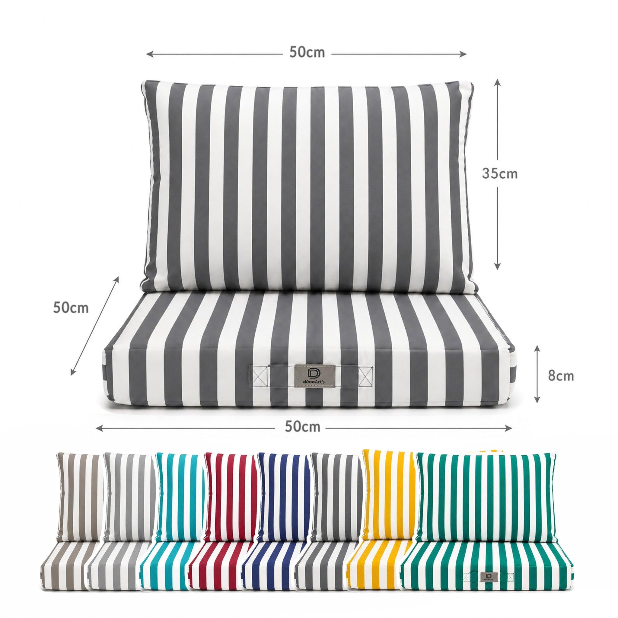 Déco Arts — Lot de 2 Coussins Déhoussables Salon Jardin 50x50 — Assise 50x50 + Dossier 50x35 cm — Imperméable Anti-UV — Remplacement Mobilier Jardin Terrasse Balcon Véranda — Rayures Gris Foncé