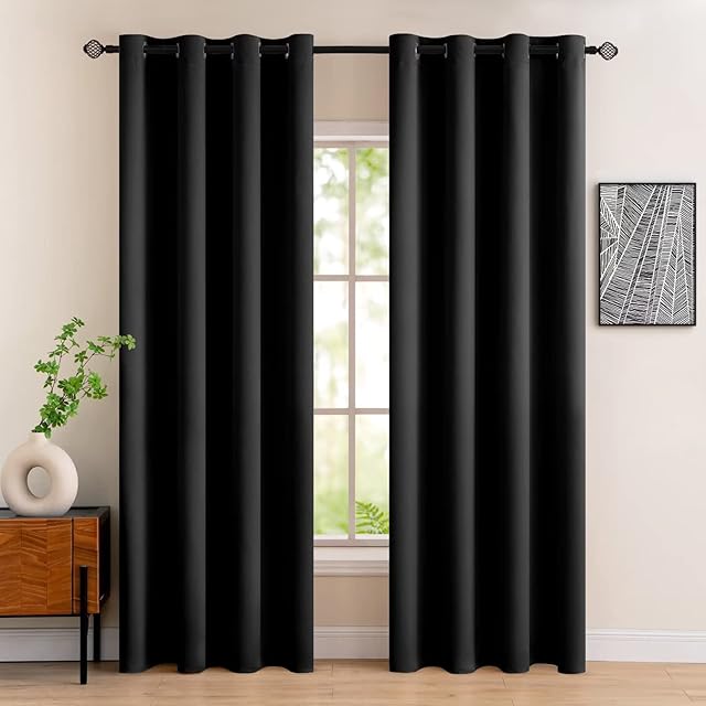 MIULEE Blackout Curtain Very Soft Solid Thermal Insulated Ring Top Decorative Darkening Curtain with Grommets for Living Room Bedroom Nursery Room 2 pieces 55" Wide by 96" Drop 140 x 245 cm Black