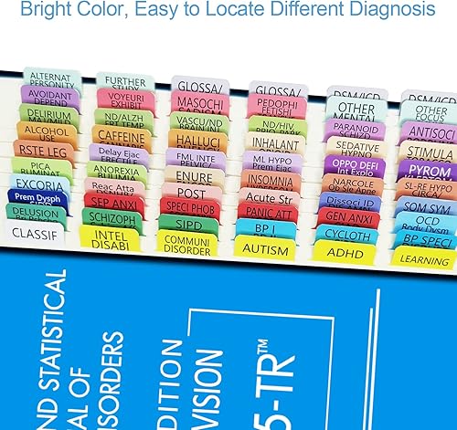Vista 6 de Pestañas DSM-5-TR, pestañas de índice para DSM-V-TR 2022, codificadas por colores y laminadas, 100 pestañas en total, con guía de alineación