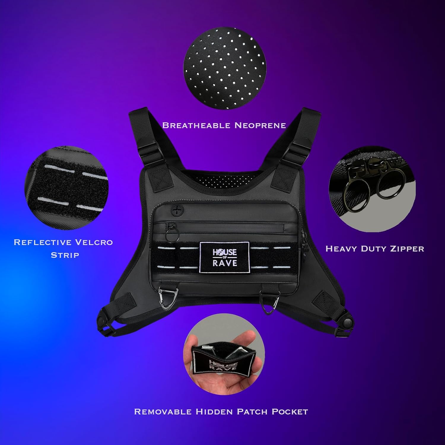 Hidden Pocket Festival Chest Bag - Secret Patch Pocket - Water Resistant Lightweight Chest Pack, Phone Holder - EDC Rave Chest Bag for Men, Women